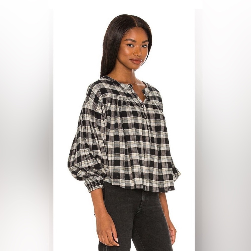#163 Free People White and Brown Puff Sleeve Blouse